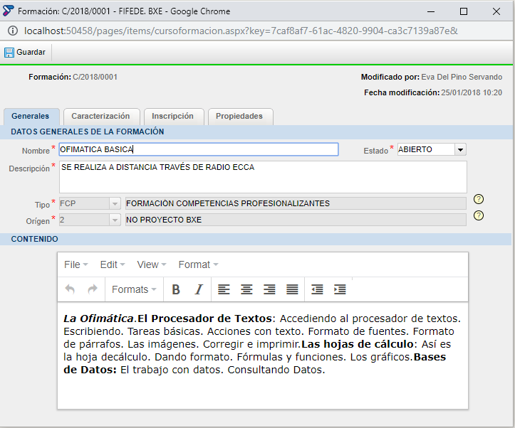 Pestaña de datos generales del curso