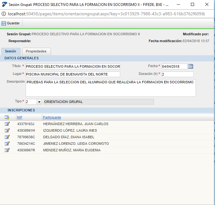 Modificar Sesión Grupal